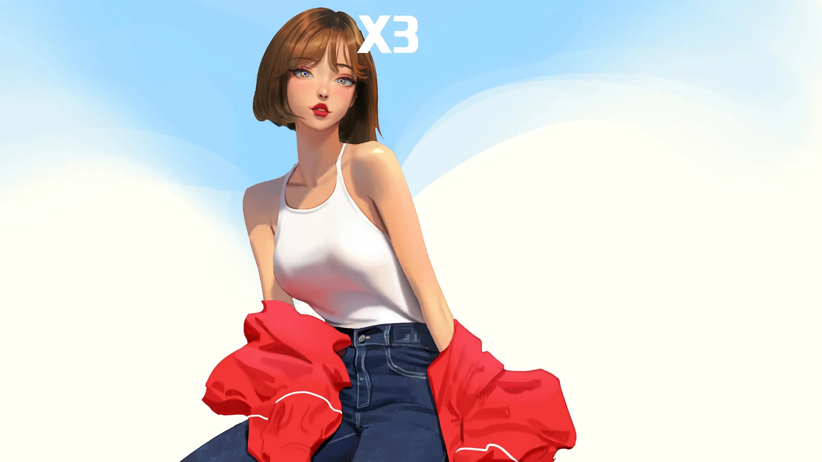 一名棕色短发的动漫风格成年女性穿着白色背心和蓝色牛仔裤，红色外套搭在手臂上。