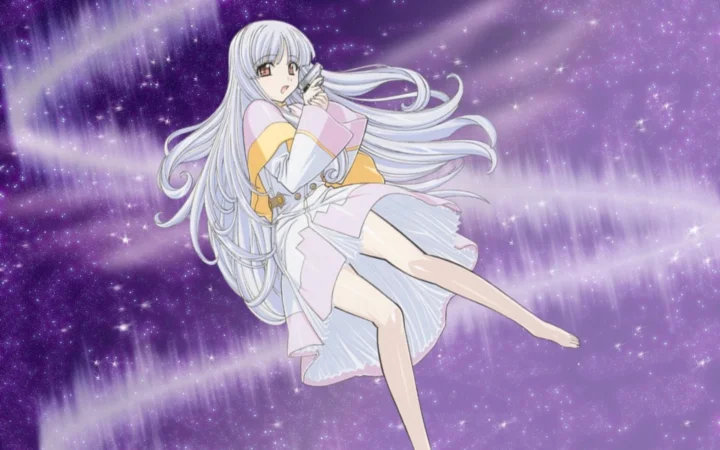 一位长发动漫少女身穿浅色服装，置身于紫色星空背景前。