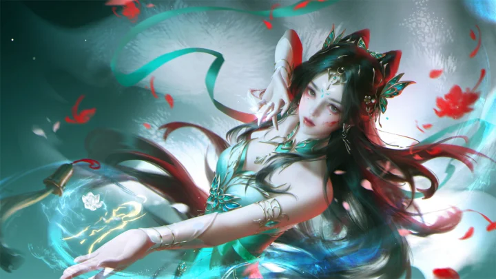 画面展现一位长发动漫女性角色，身着华丽服饰，周围环绕着飘落的红色花瓣与流动光影。