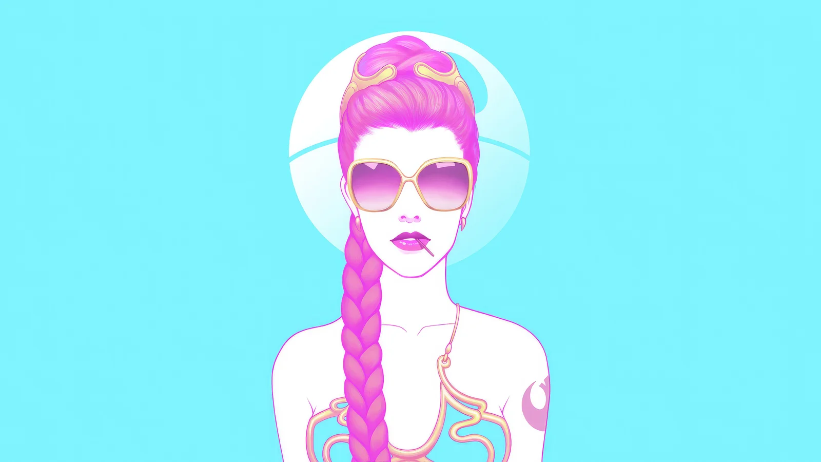 ターコイズ色の背景に、サングラスと長い三つ編みを身につけたネオンカラーの女性イラストが描かれています。