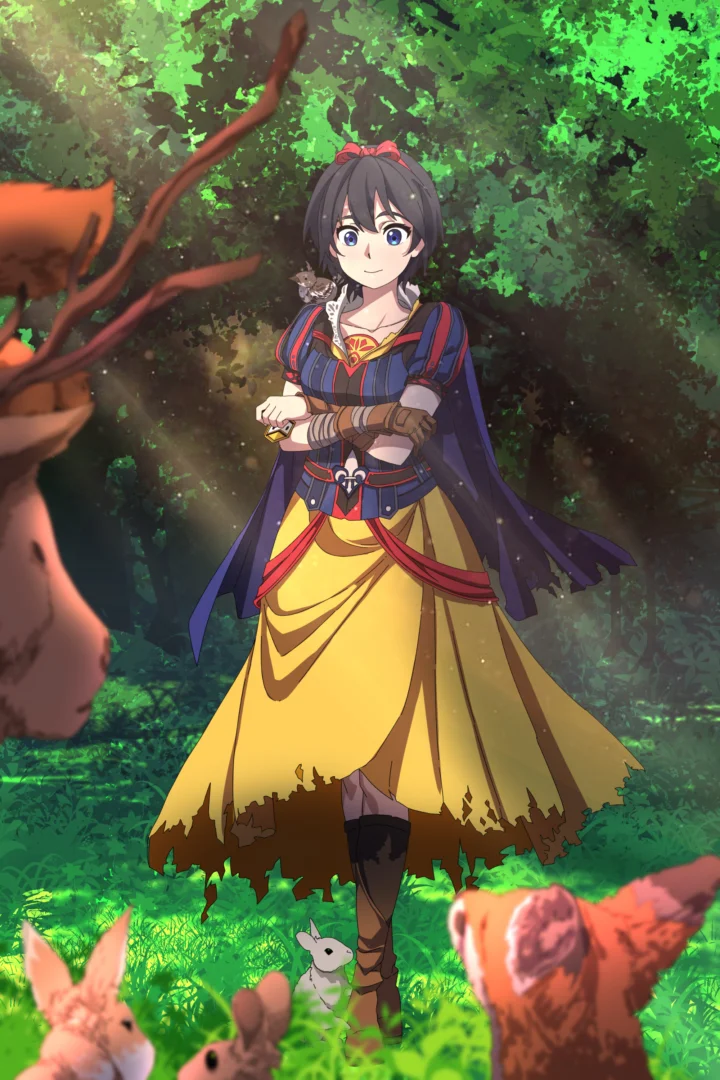 アニメ風の女性キャラクターが、前景に数匹のウサギがいる深い森の中に立っています。