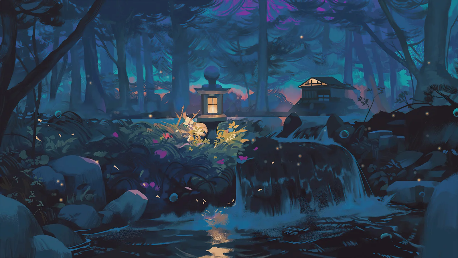 蓝色调的插画森林中，一盏灯笼照亮溪流与小瀑布，远处可见一座小屋。