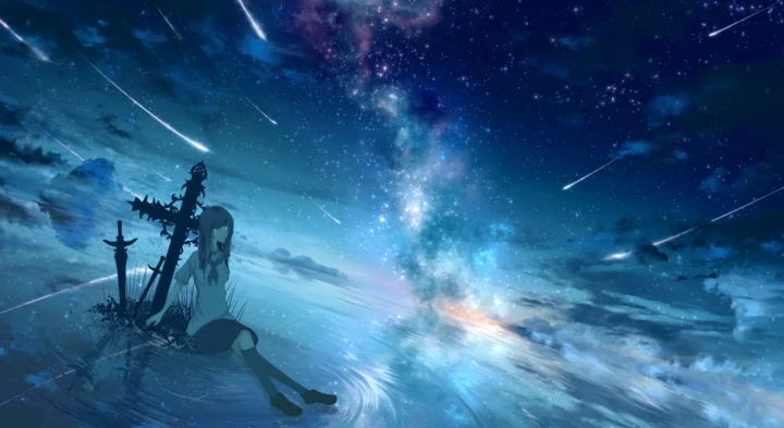 蓝色夜空中铺展着银河、流星和星光，水面倒映着光芒，左侧可见一名坐在剑旁的插画人物。