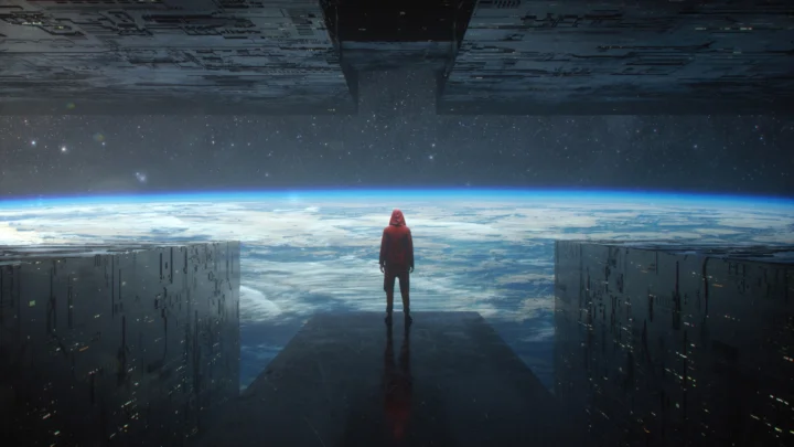 一名小型人影站在太空结构的开口处，面向云层覆盖的地球和星空。