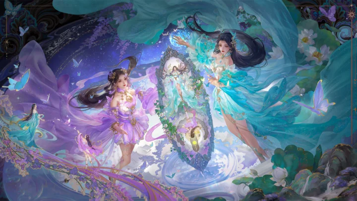 画面描绘了几位身着华丽服饰的动漫女性角色，置身于蝴蝶、花朵与梦幻光影交织的奇幻场景中。