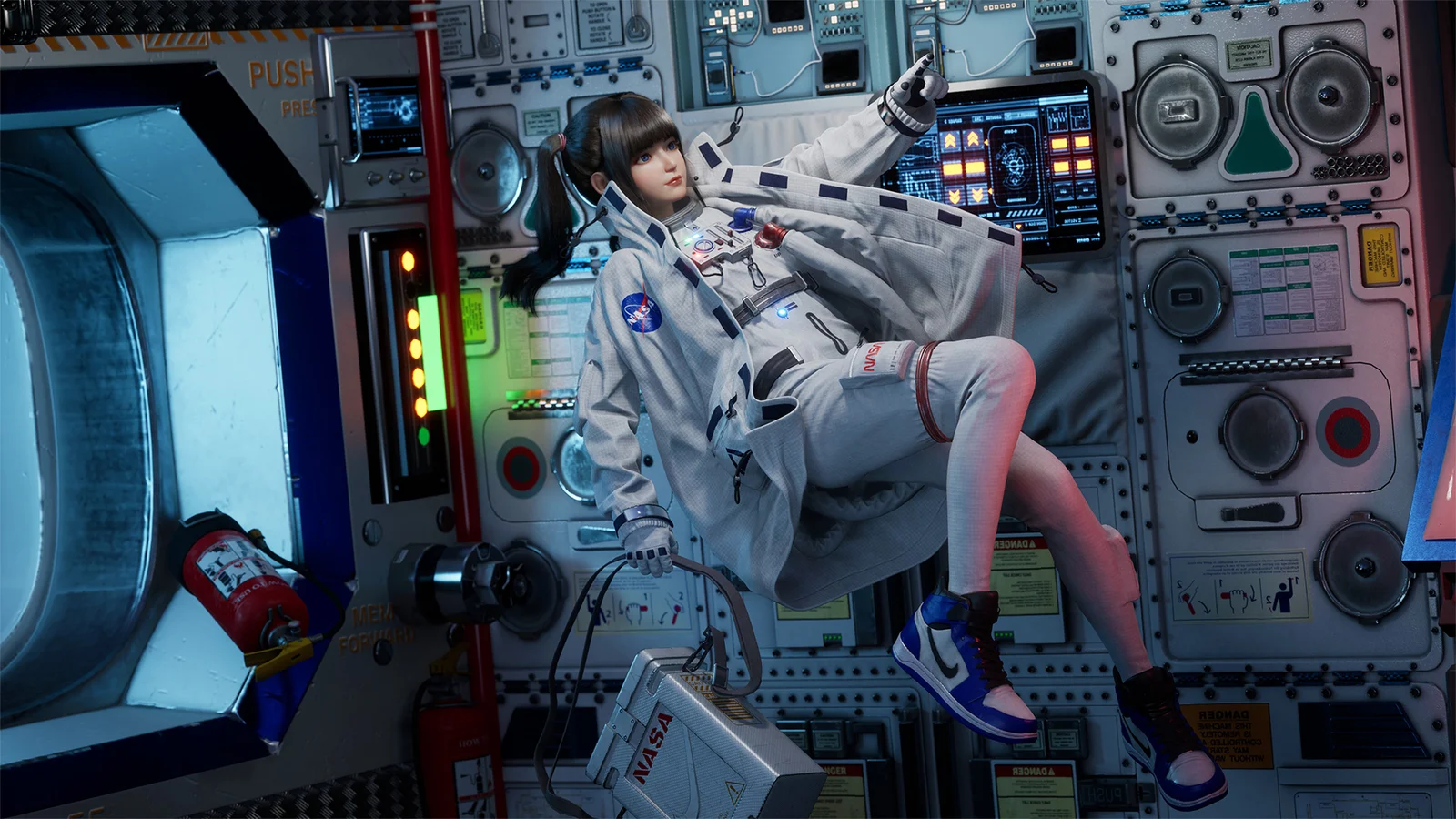 白い宇宙服を着たアニメ風の女性が、計器や機器に囲まれた宇宙船の船内に座っている。