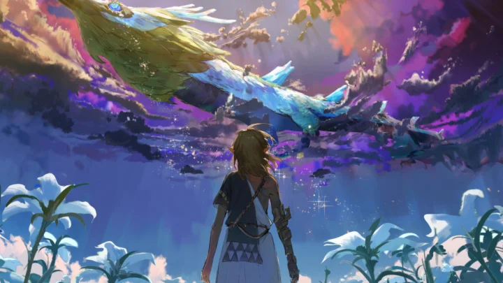 画面中一名动漫人物站在前景，仰望紫蓝天空中展翅飞过的巨大奇幻鸟类。