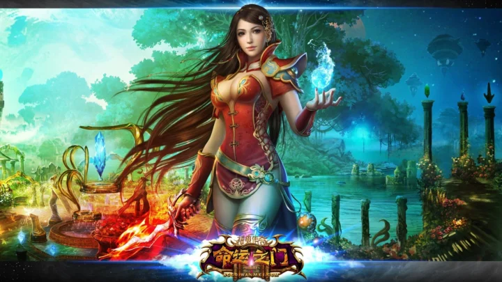 一名身穿红色战甲的奇幻女性角色站在森林湖畔，手中闪耀着魔法光芒。