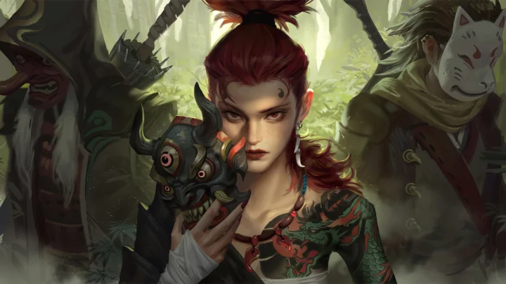 画面中央是一名红发女性插画角色，周围站着几名戴面具的幻想人物。