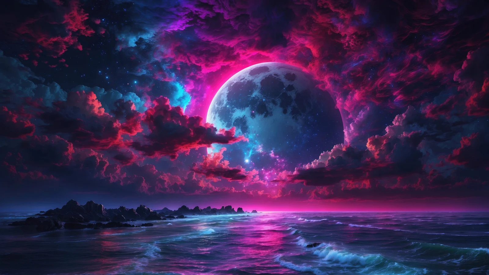 巨大的月亮悬挂在绚丽的紫蓝色星云与海面上方，海浪映出明亮的粉色光芒。