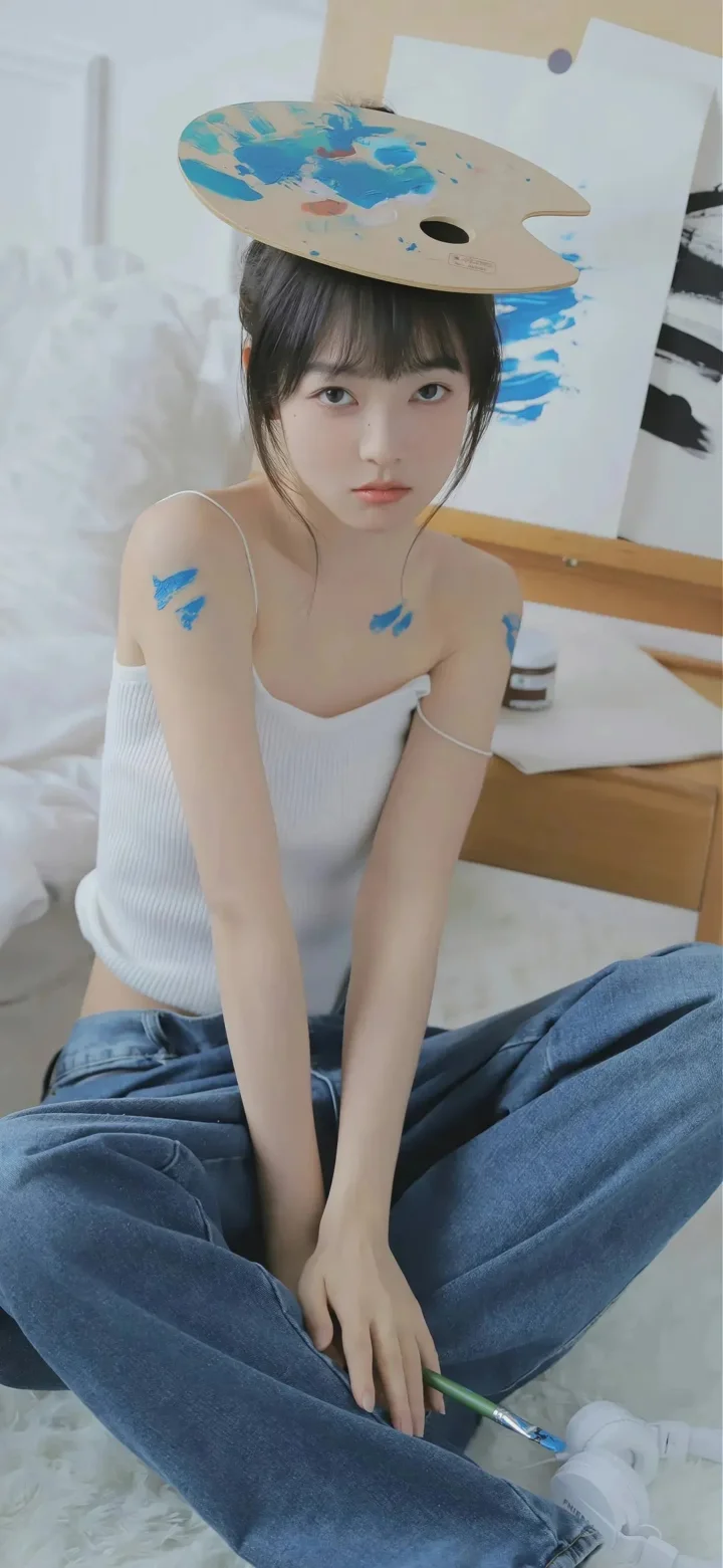 한 여성이 실내에 앉아 머리 위에 팔레트를 올리고 있으며 어깨와 캔버스에 파란 물감이 보입니다.