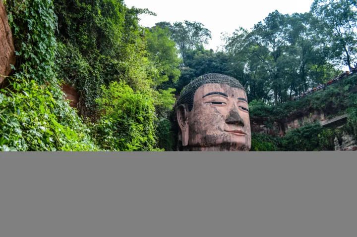 一尊巨大的佛像头部坐落在茂密绿植与岩壁之间。