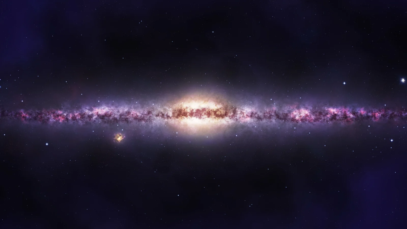 暗い星空を背景に、明るい銀河が横長に広がり、中心部が金白色に輝いている。