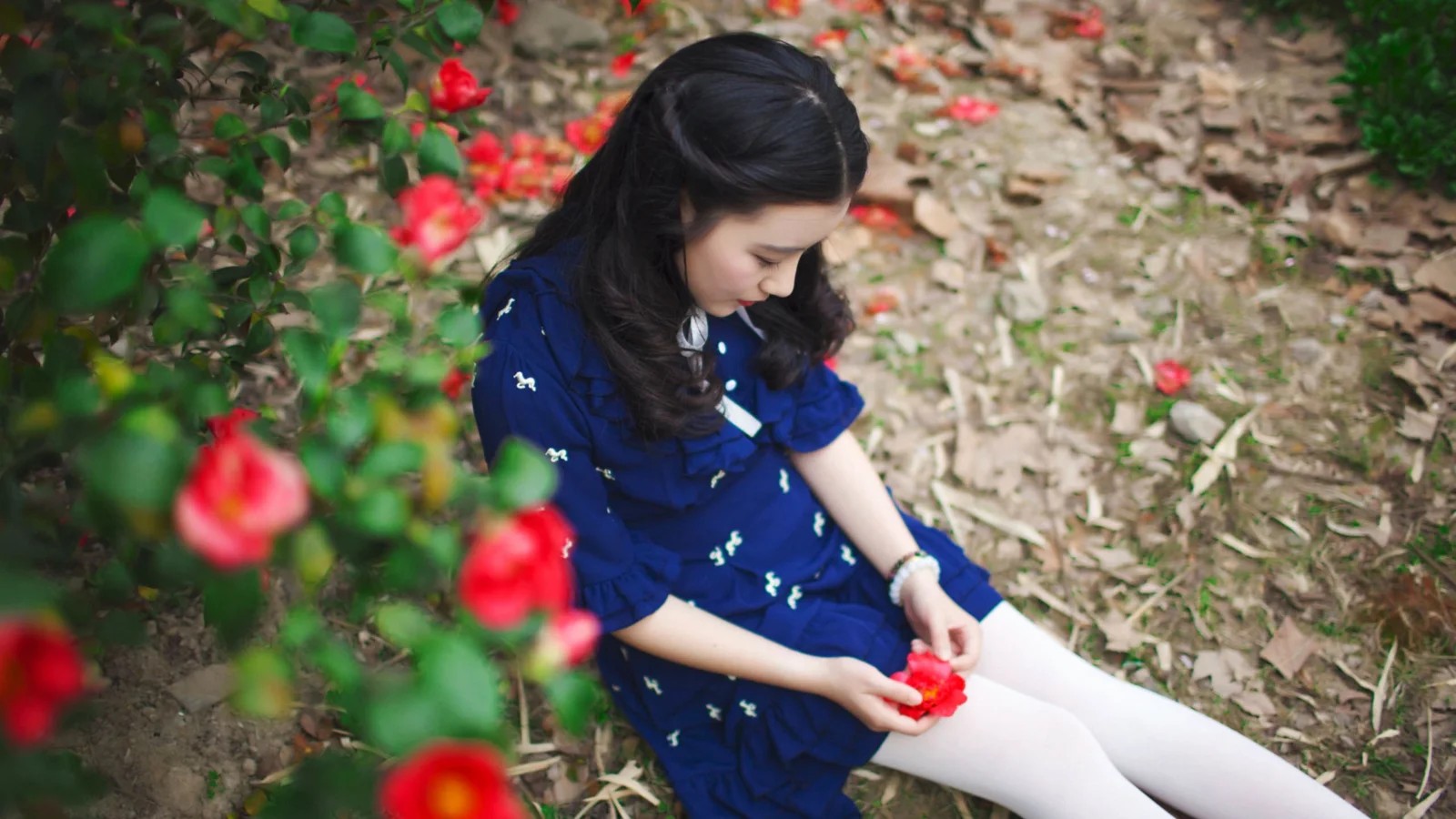 青いワンピースを着た女性が庭に座り、赤い花を手にしています。