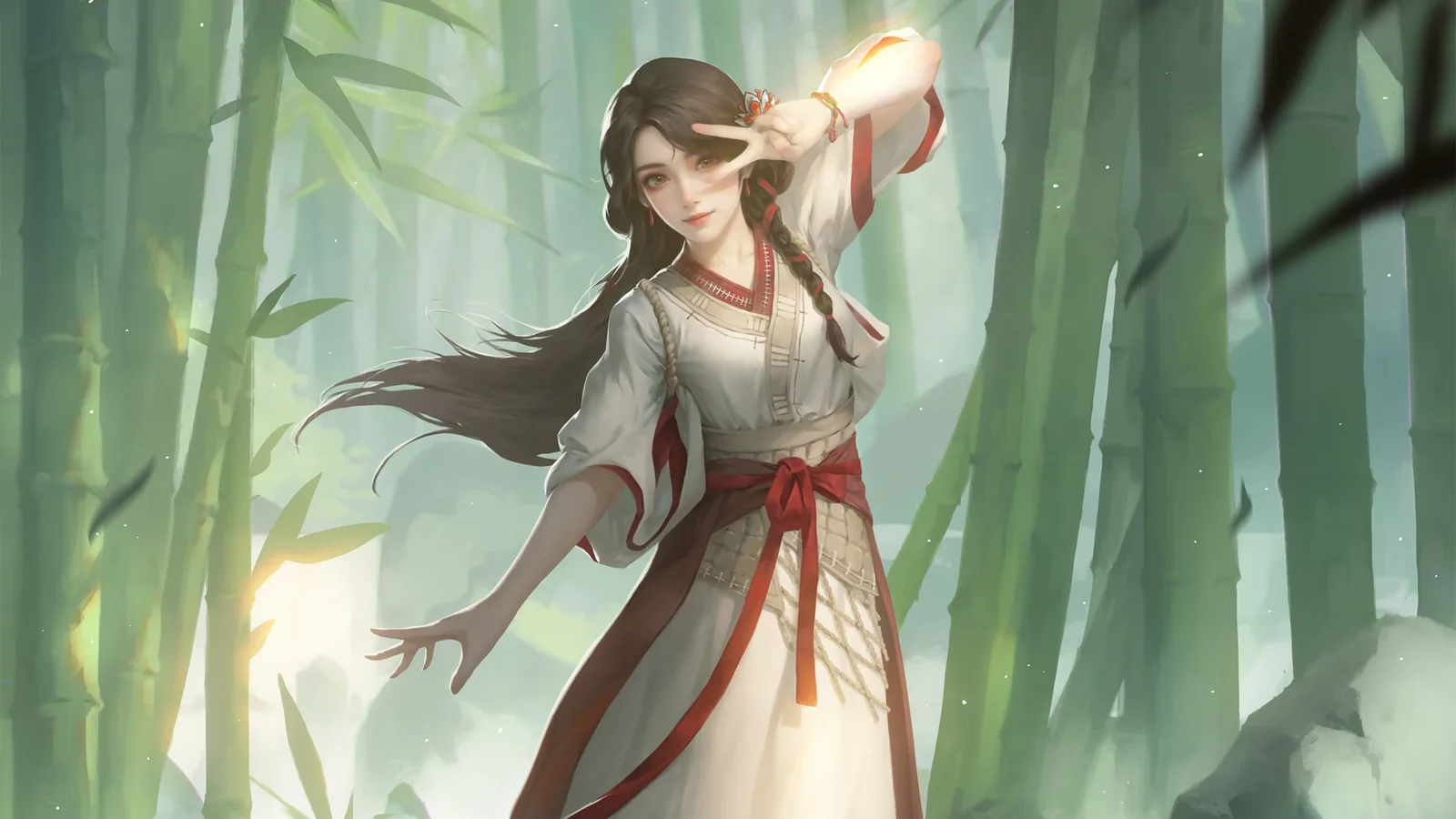 白と赤の衣装を着たアニメ風の女性が、 sunlightが差し込む竹林に立っています。