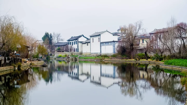 一条平静的水道映照着白墙灰瓦的乡村房屋、树木和岸边植被。