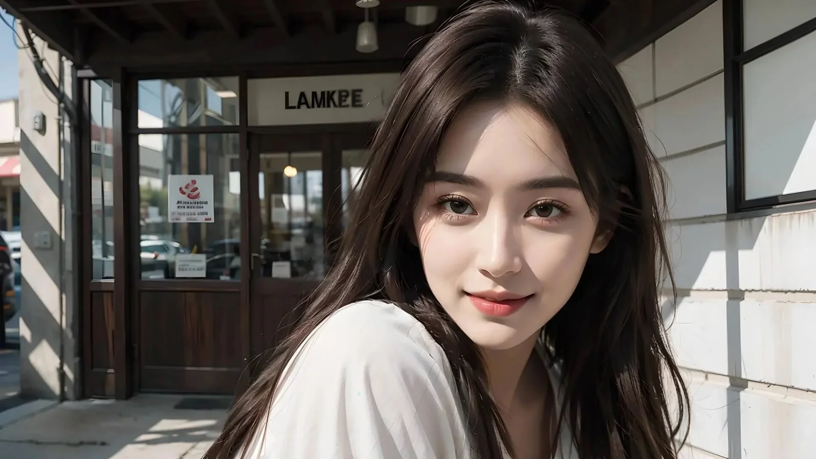 一名长发女性站在咖啡馆入口前，面向镜头微笑。