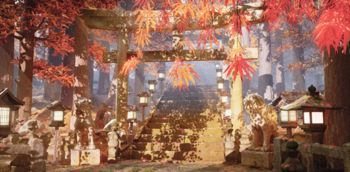 红色秋叶环绕着神社鸟居、石灯笼和通往上方的石阶。
