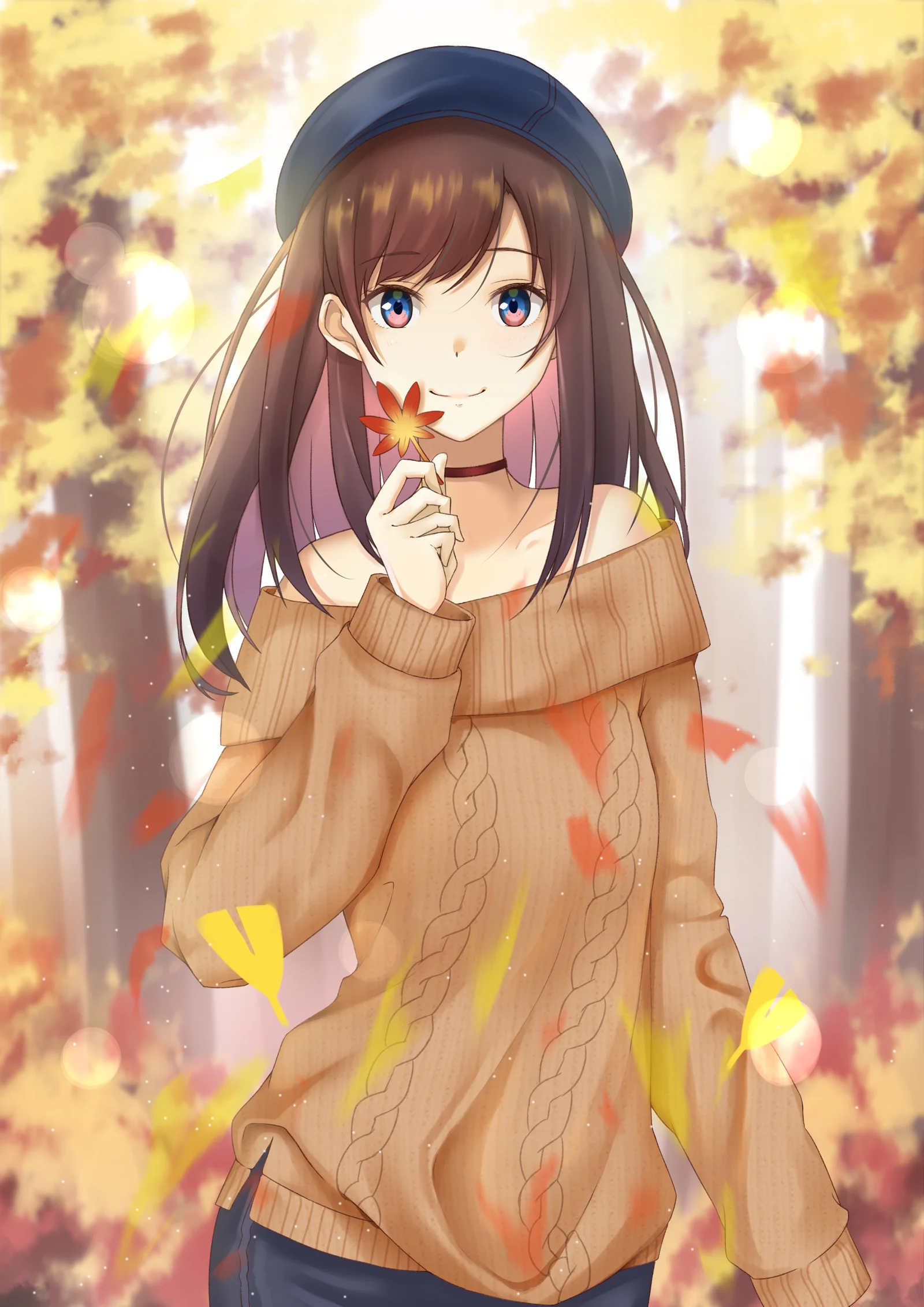 濃い色の帽子と茶色のニットを着たアニメの少女が、舞い落ちる秋の葉の中で小さな花を手にしている。