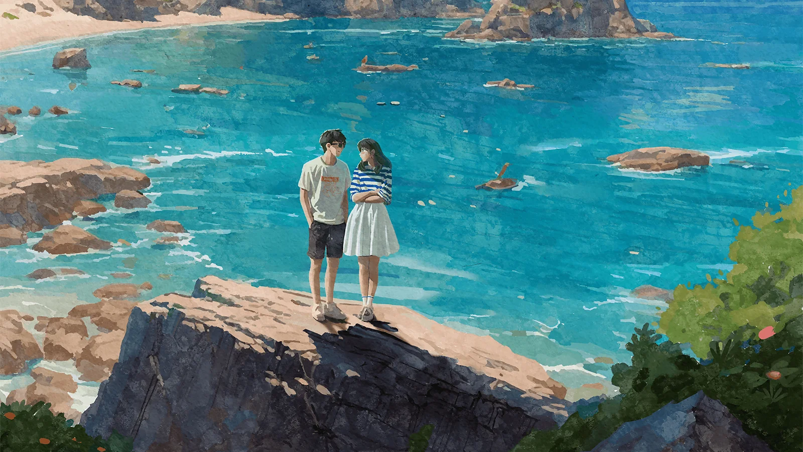 カップルが鮮やかなターコイズブルーの海を望む岩場に立つ、爽やかな手描き風景です。