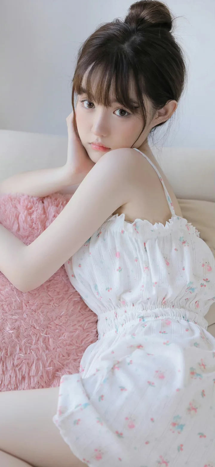 一名盘发女性身穿白色碎花连衣裙，靠坐在粉色纹理背景前并用手托着脸颊。