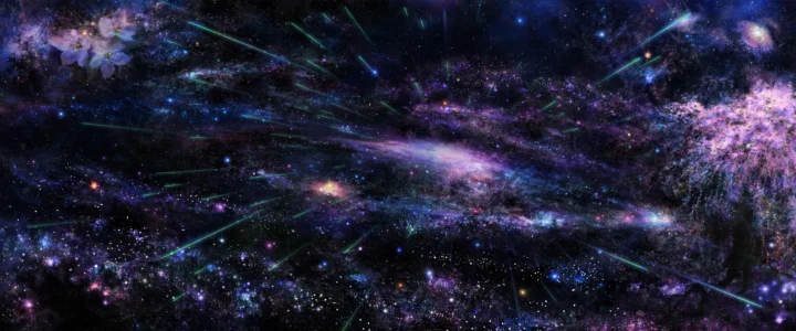 画面呈现紫蓝色星云、银河结构与密集星点交织的深邃宇宙景象。