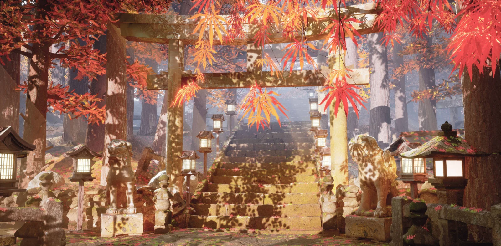 红色秋叶环绕着神社鸟居、石灯笼和通往上方的石阶。