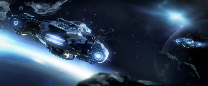 一艘未来感飞船飞行在星空与行星之间。