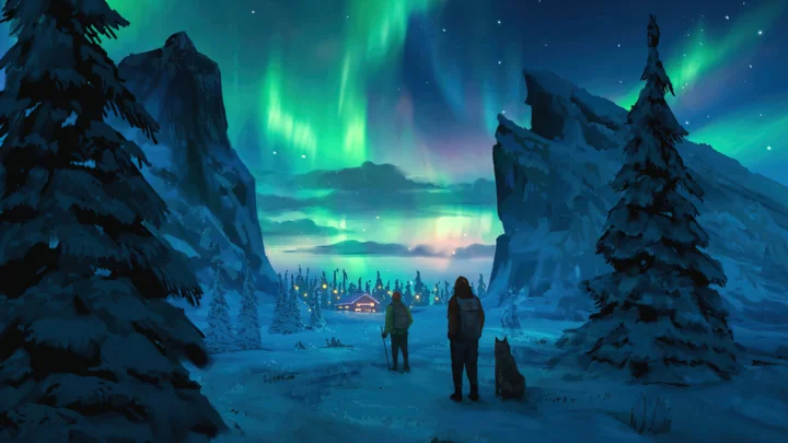 夜空中的绿色极光映照着积雪覆盖的群山、森林和远处的小屋。