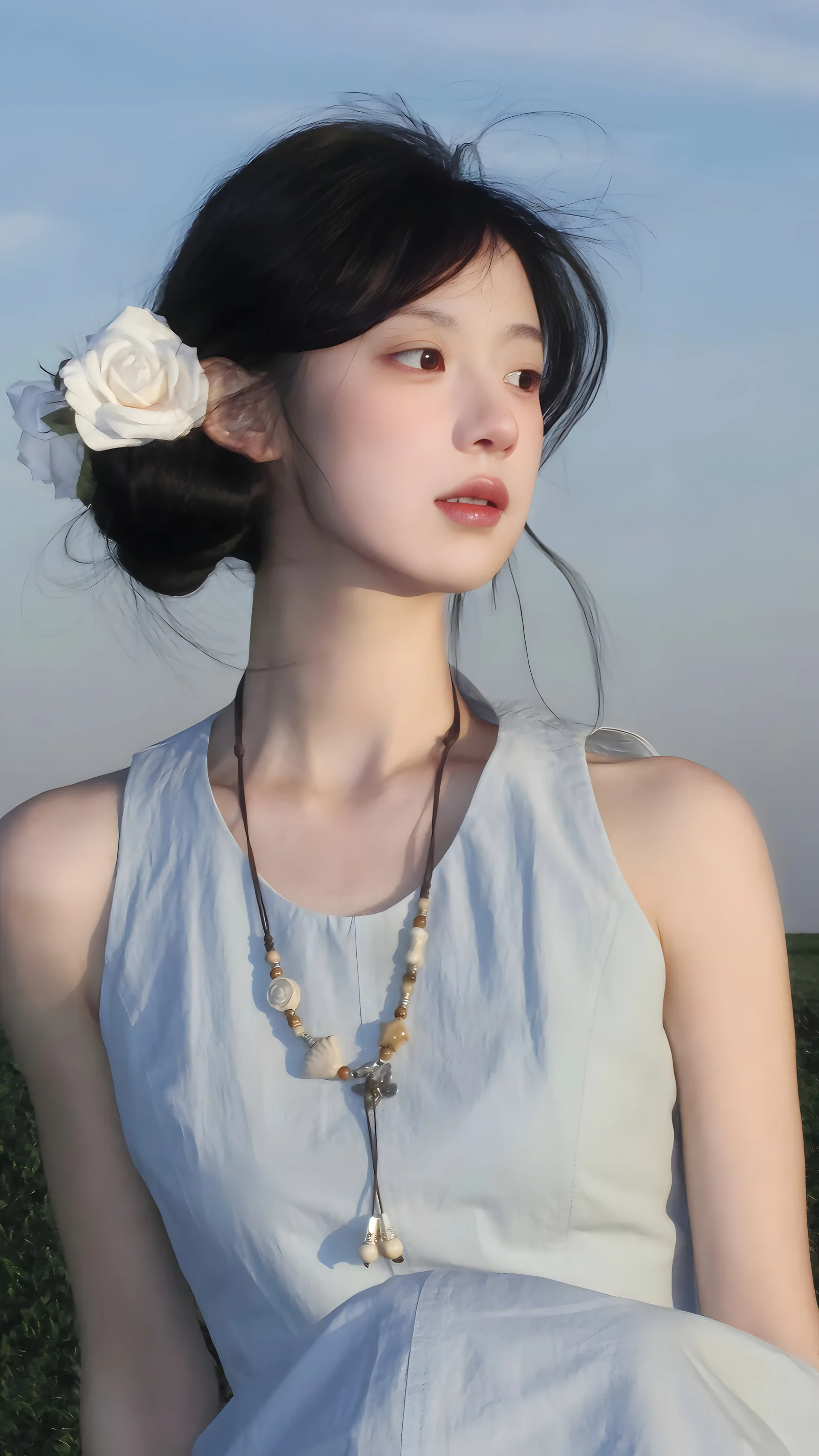 白い花飾りとネックレスを身につけた女性が、青空の下で遠くを見つめています。