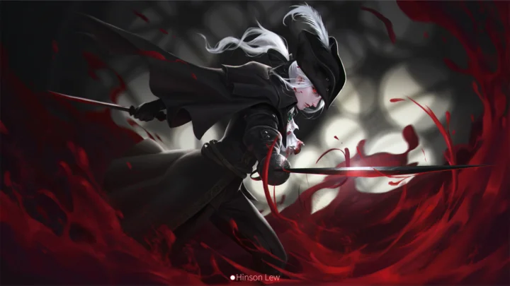 画面展现一名白发战士挥剑冲刺，周围环绕着黑红色的动态光影。