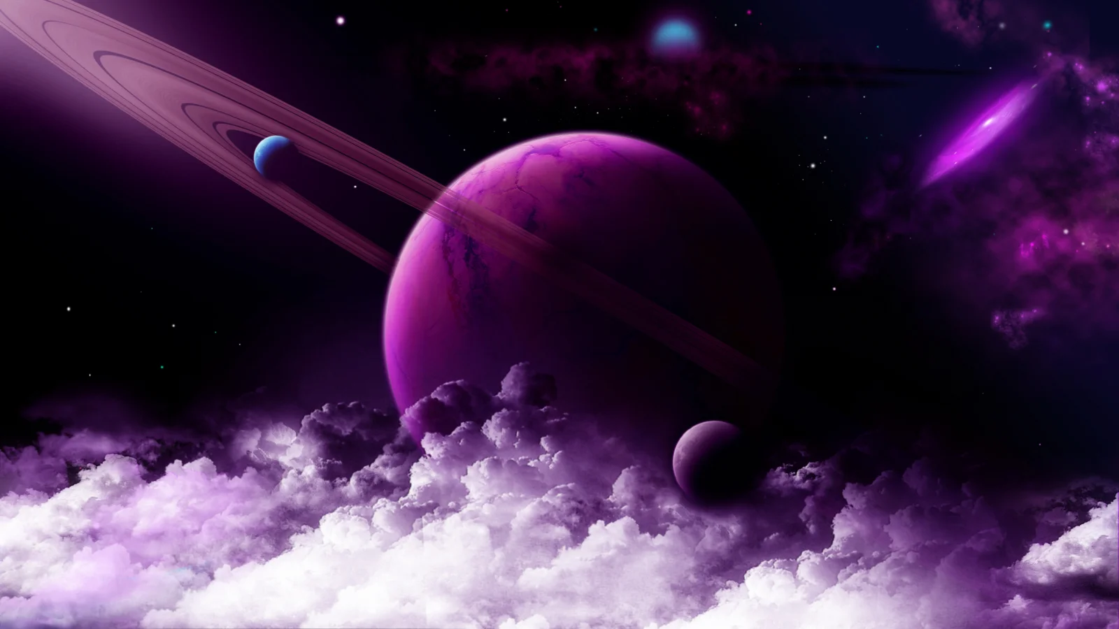 紫色环行星、月亮、星云和星空构成一幅奇幻的宇宙画面。