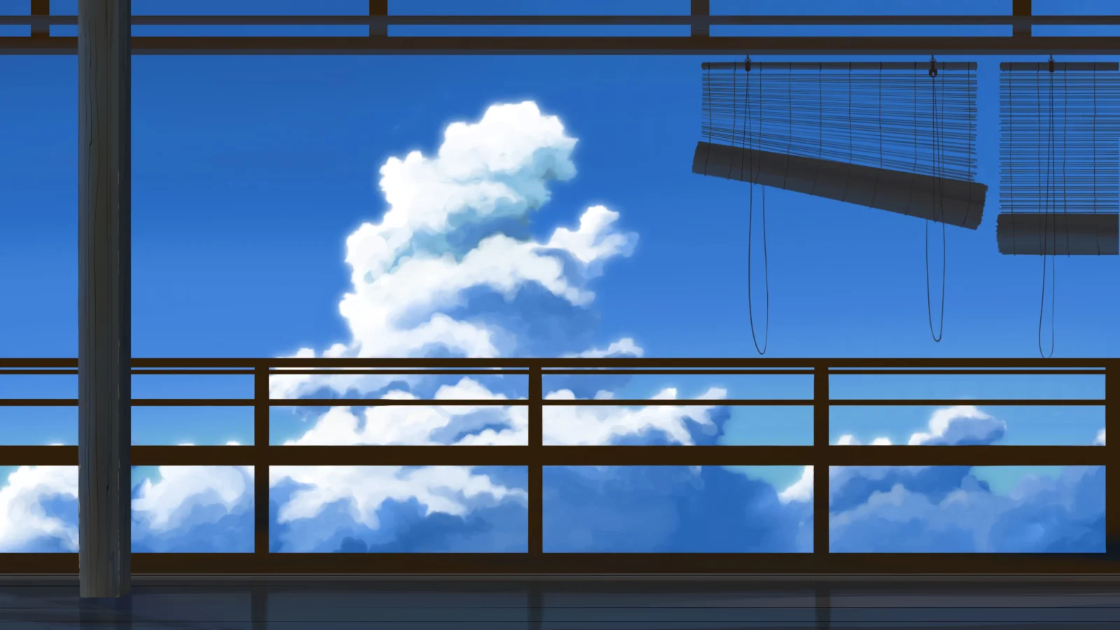 窓枠とブラインド越しに青空と白い雲が見える。
