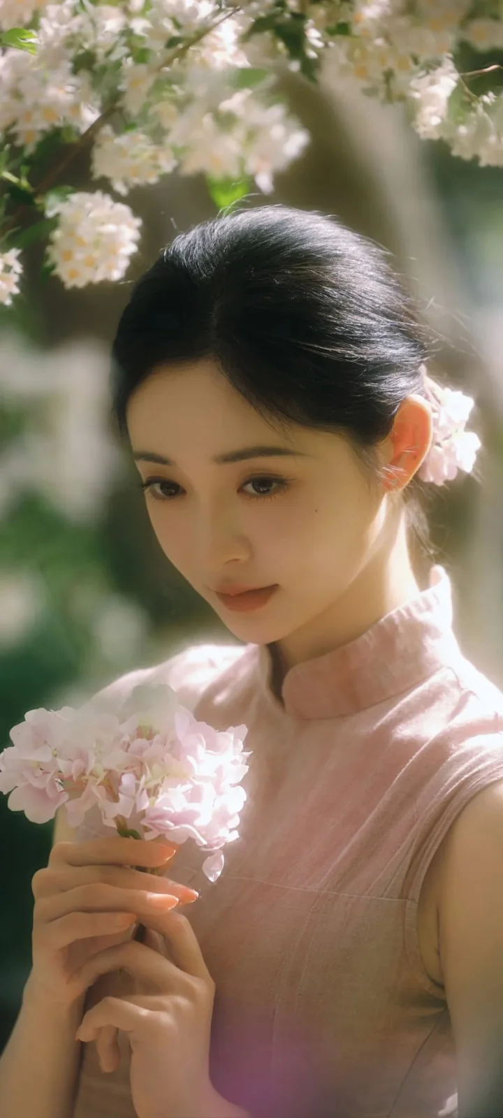 一位成年女性在盛開的花枝與柔和光線中手捧淺色花束。