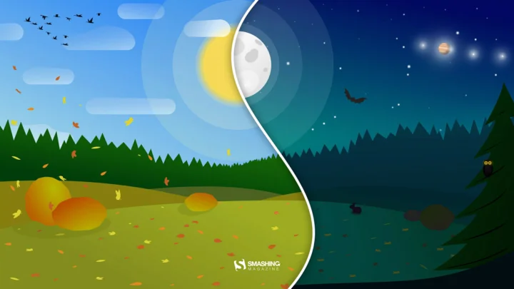 画面以弯曲的分界线将明亮的白昼森林与星空下的夜间森林分开。