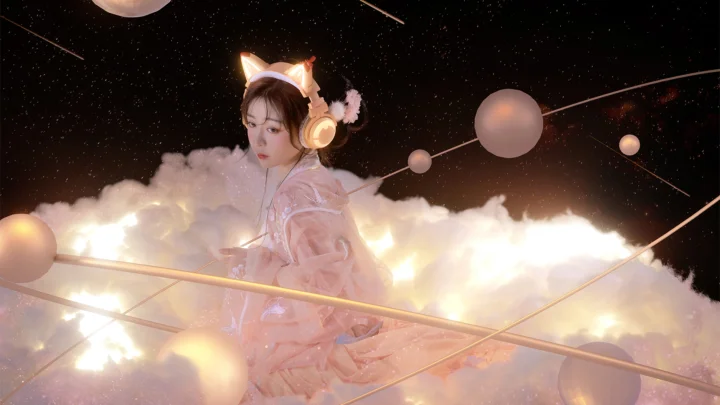 一名戴着猫耳耳机的女性置身于繁星、行星和发光云雾之间。