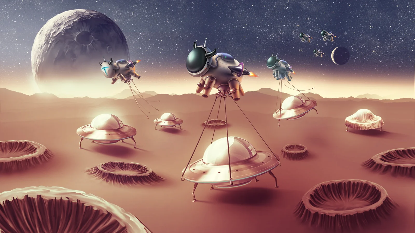 多个飞碟漂浮在布满陨石坑的异星地表上方，背景是星空与巨大的天体。