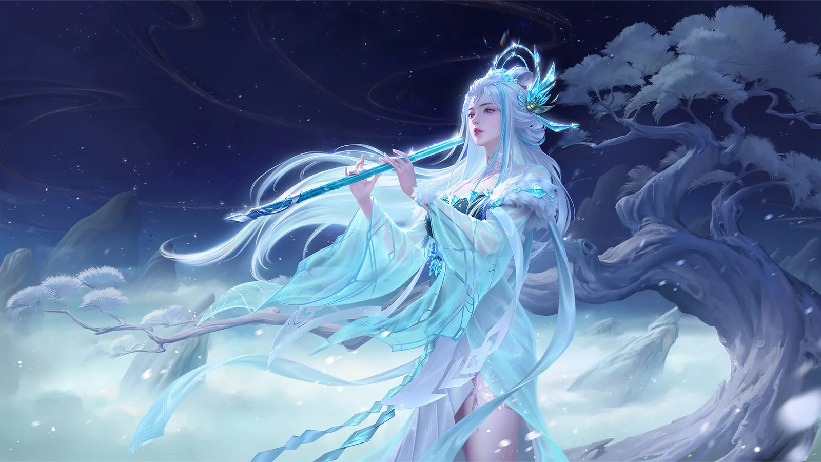 一位白发动漫女子在月夜般的蓝色幻想场景中吹奏长笛，身后可见梦幻树木与星空。