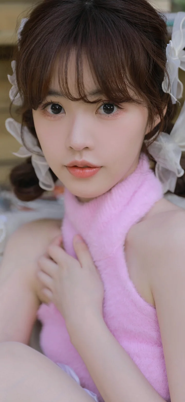 一名成年女性穿着粉色无袖针织上衣，近距离面对镜头。