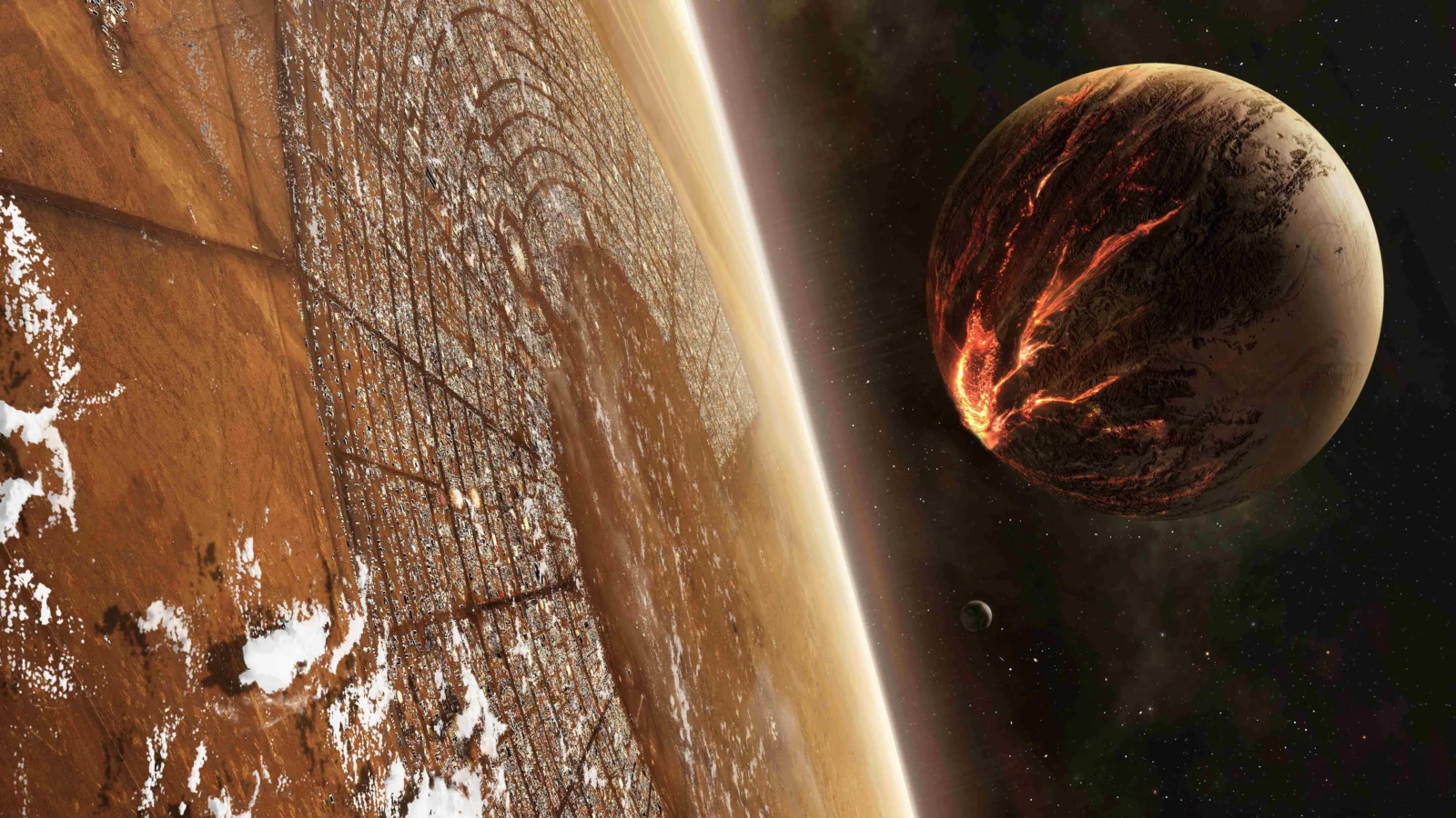 茶色い質感の惑星表面と、発光する亀裂のある惑星、背景の星空が描かれています。