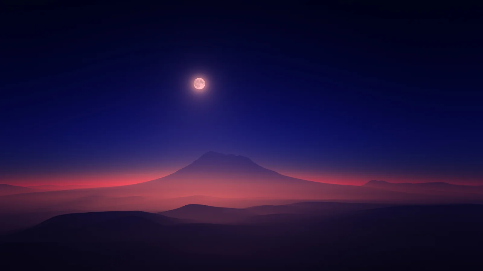 霞んだ月が、夕暮れの山々とピンクがかった紫色の地平線の上に浮かんでいる。