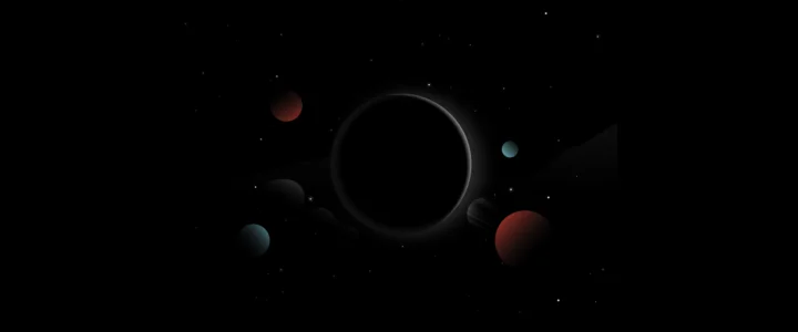 黑色背景中悬浮着发光暗环、彩色行星和零散星点。