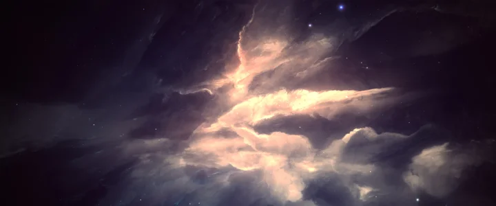 深紫色宇宙中，一片发光星云与零散星点交织在画面中央。