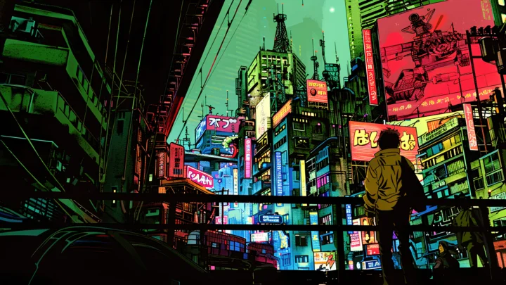 霓虹招牌与高楼构成一幅充满强烈色彩的都市夜景插画。