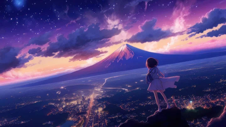 紫色星空和彩云映照着远处的山峰与夜间城市灯光，前景站着一名小小的人物。