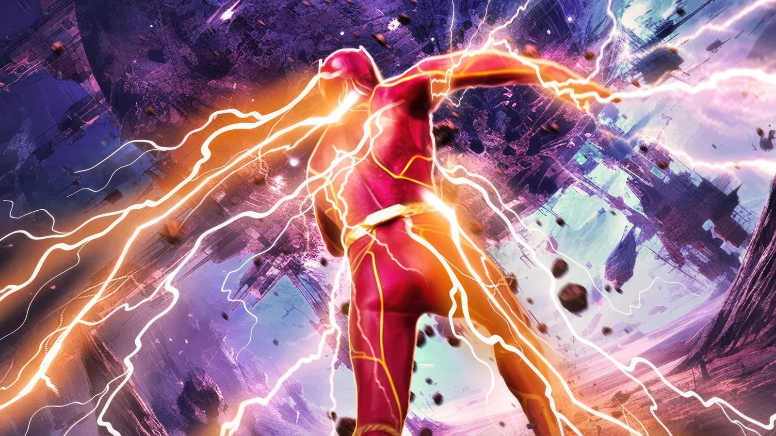画面中央的红色人物被橙白色闪电环绕，背景呈紫色碎片化效果。