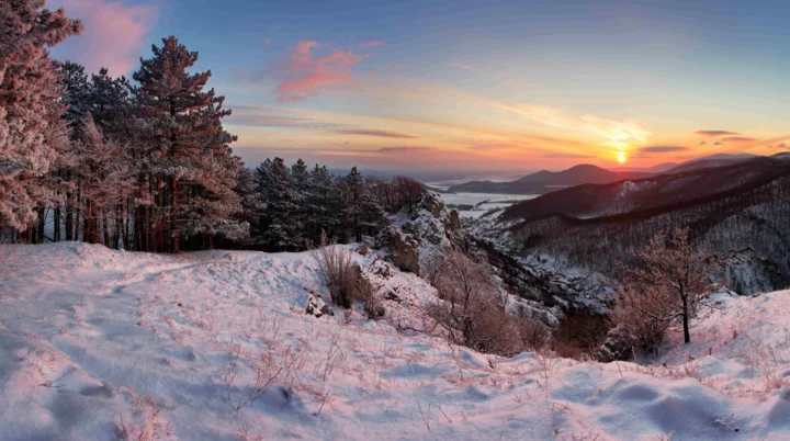 夕阳映照着积雪覆盖的山林与远处山谷，天空呈现柔和的粉橙色。