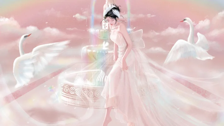 一位身穿粉色长裙的插画少女站在柔和的粉色云雾与两只白天鹅之间。