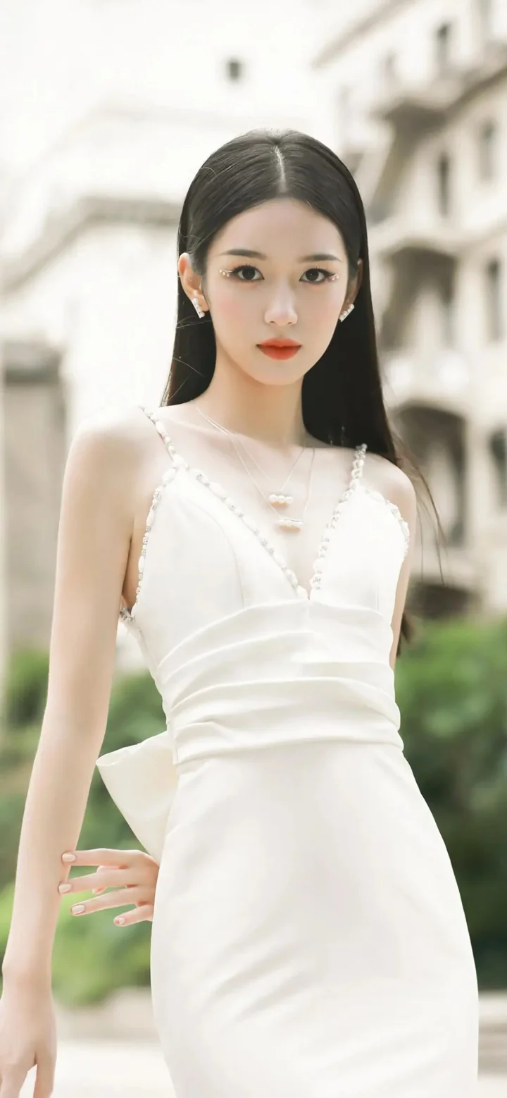 一位长发女性身穿白色连衣裙站在户外建筑背景前。
