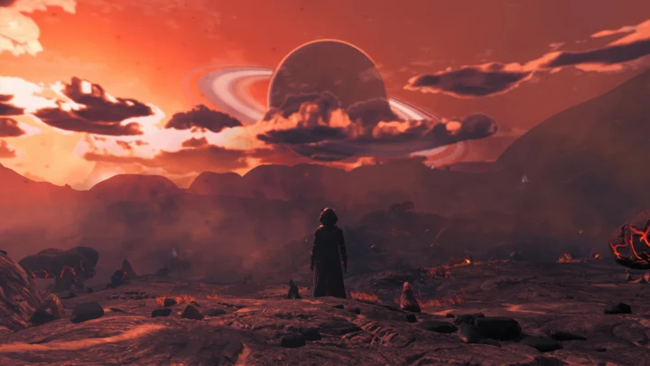 赤红色荒原上空悬浮着一颗巨大的环形行星，远处可见山峦与云层。